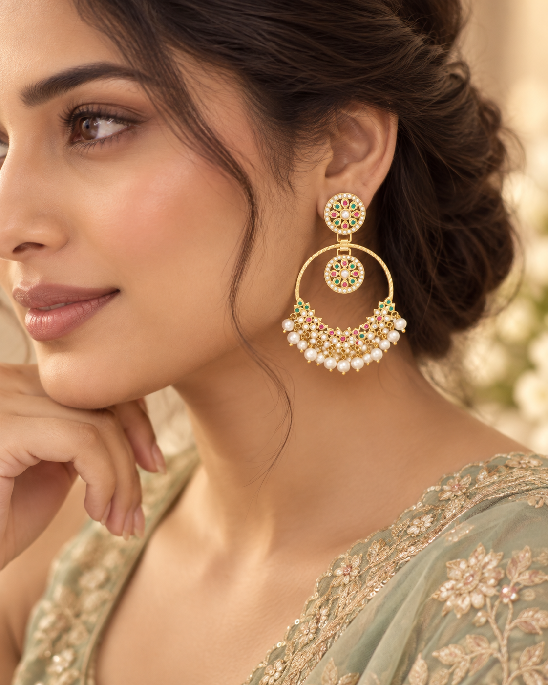 Pink and gold statement meenakari earrings with pink gemstone