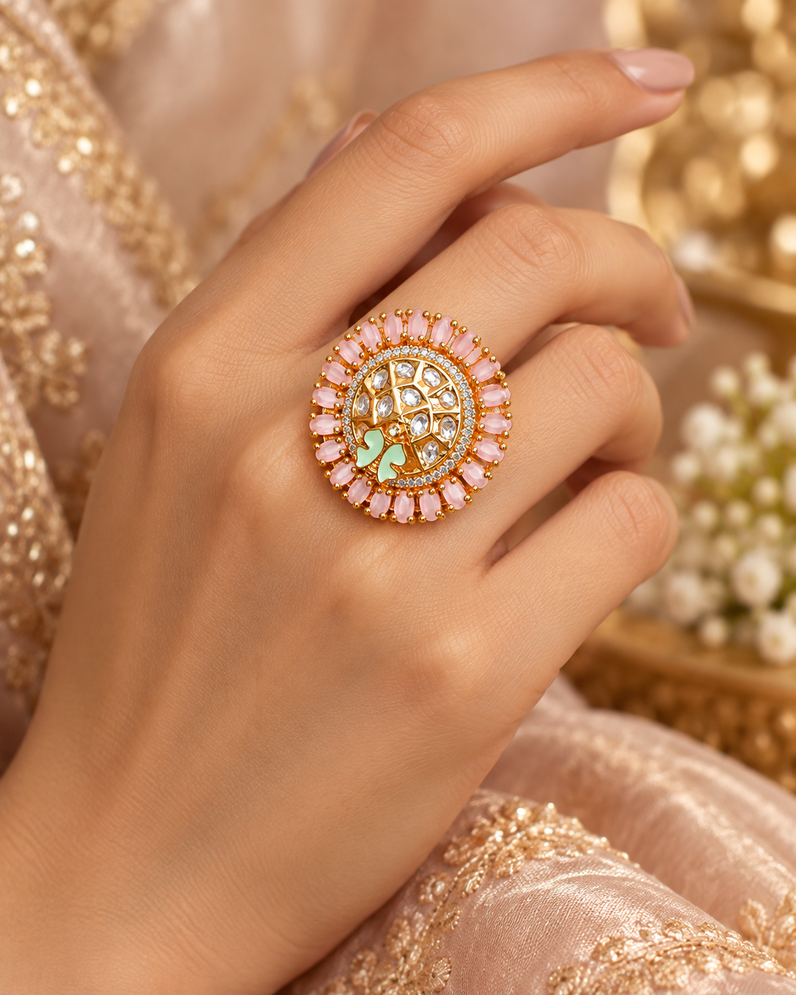 Gold statement ring with pink and mint green enamel and clear stones